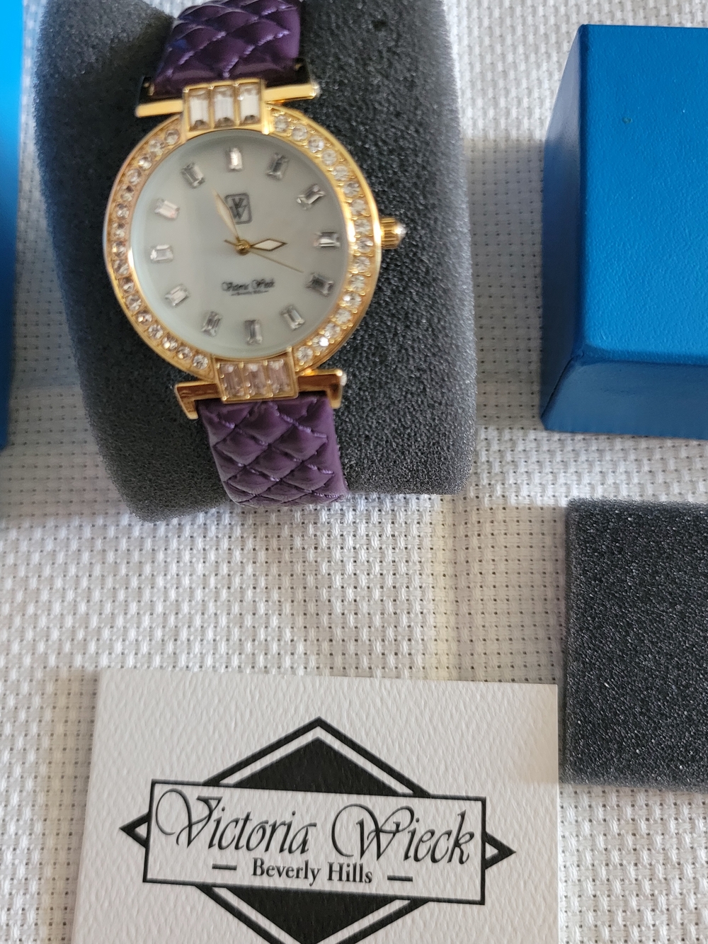 Victoria Wieck Gold Crystal Watch with Purple Quilted Leather Strap